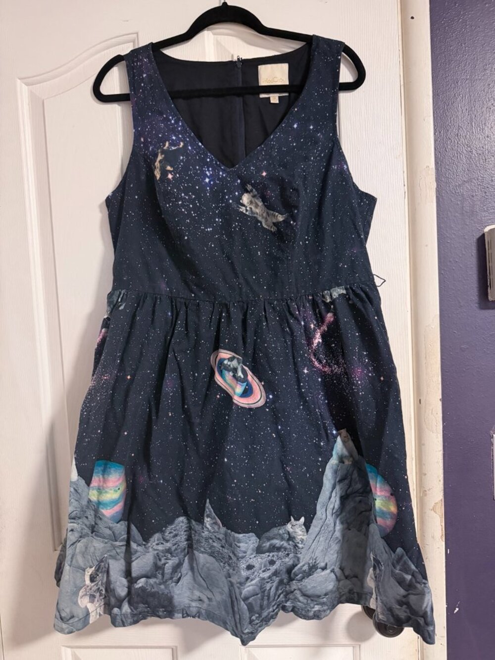 ModCloth Navy Galaxy Space Cats Fit and Flare Dress 1X